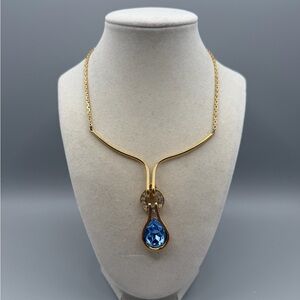 RARE blue glass Monet gold tone bib statement necklace